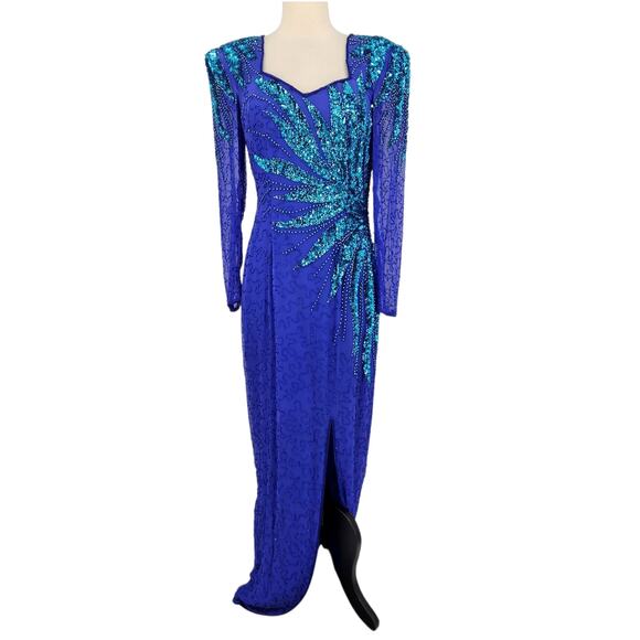 VTG Alyce Designs Silk Sequin Gown Size 8 Blue Sweetheart Neckline Open Back - Picture 1 of 10